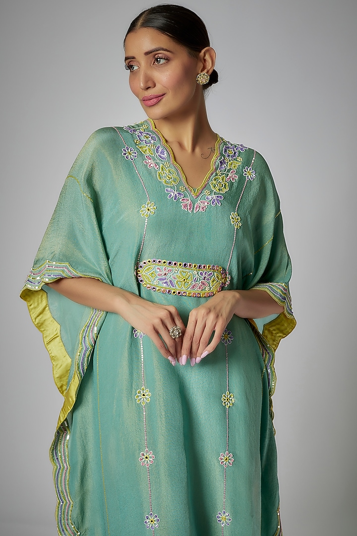 Mint Silk Zari Hand Embroidered Kaftan Set by I AM DESIGN at Pernia's Pop Up Shop