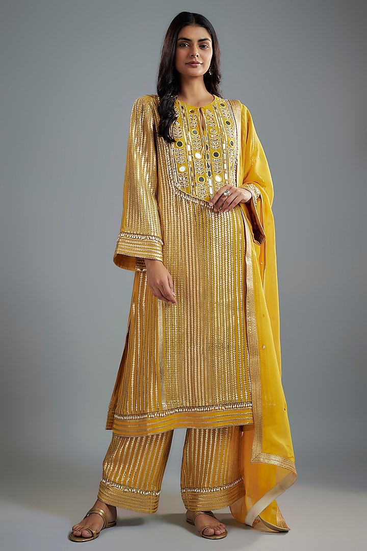 Mustard Georgette Hand Embroidered Kurta Set by I AM DESIGN at Pernia's Pop Up Shop