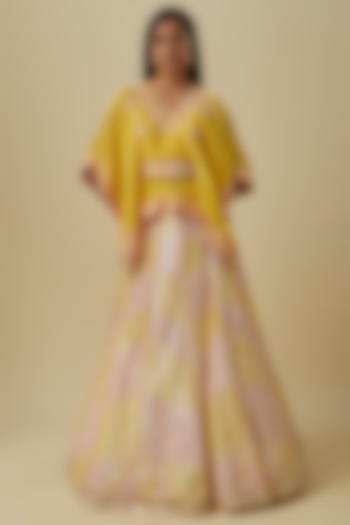 Mustard Silk Shantoon & Hard Net Cape Bridal Lehenga Set by I AM DESIGN at Pernia's Pop Up Shop