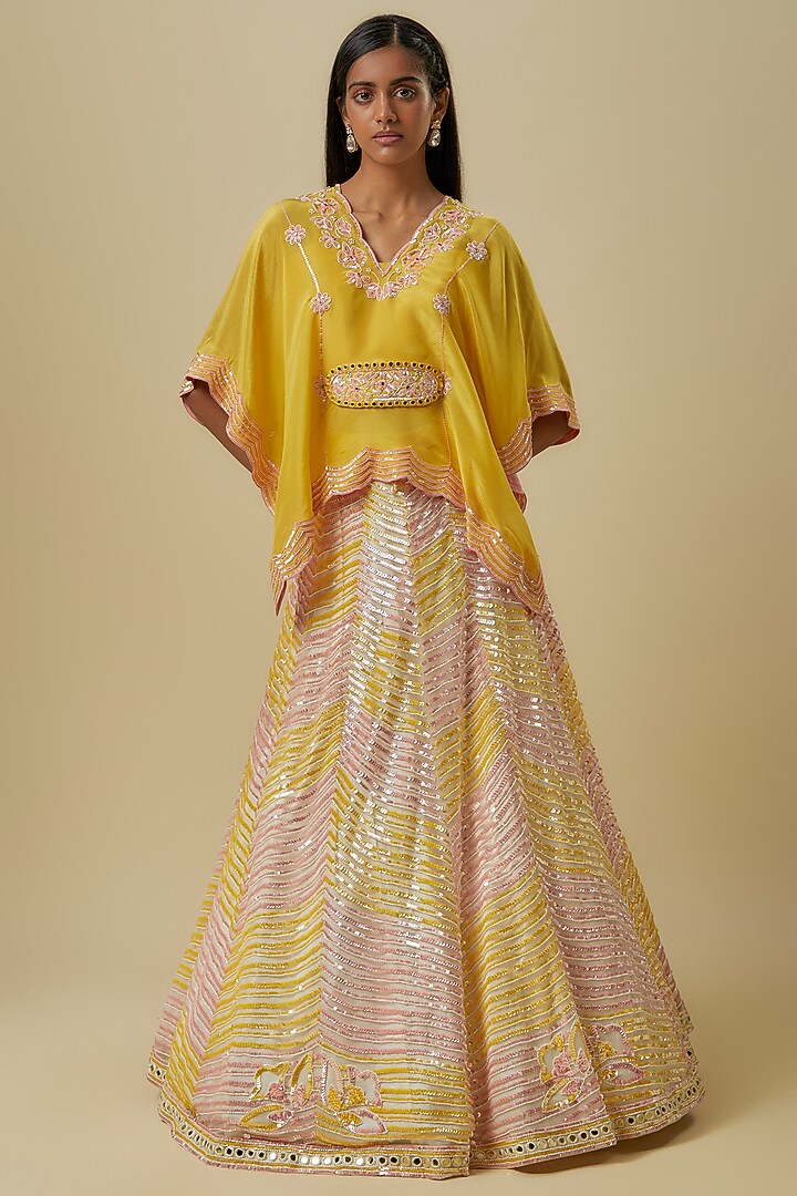 Mustard Silk Shantoon & Hard Net Cape Bridal Lehenga Set by I AM DESIGN at Pernia's Pop Up Shop