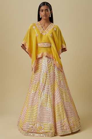 Mustard Silk Shantoon & Hard Net Cape Lehenga Set by I AM DESIGN