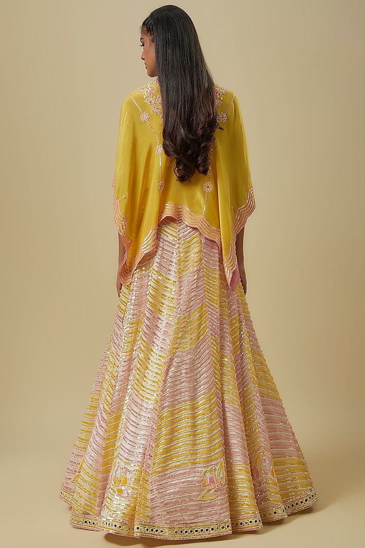 Mustard Silk Shantoon & Hard Net Cape Bridal Lehenga Set by I AM DESIGN at Pernia's Pop Up Shop