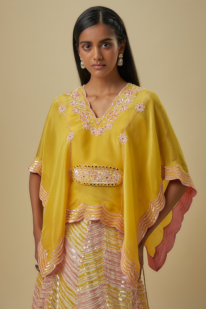 Mustard Silk Shantoon & Hard Net Cape Bridal Lehenga Set by I AM DESIGN at Pernia's Pop Up Shop