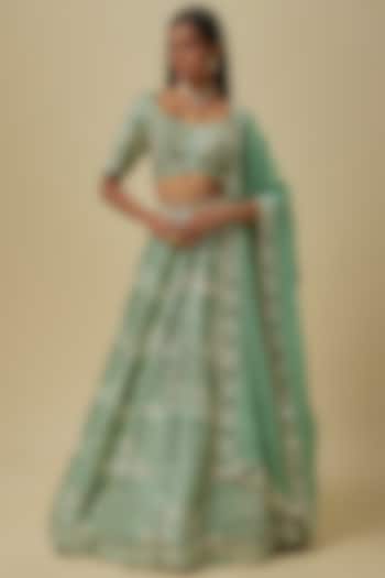 Sea Green Hard Net & Japanese Silk Shantoon Bridal Lehenga Set by I AM DESIGN at Pernia's Pop Up Shop