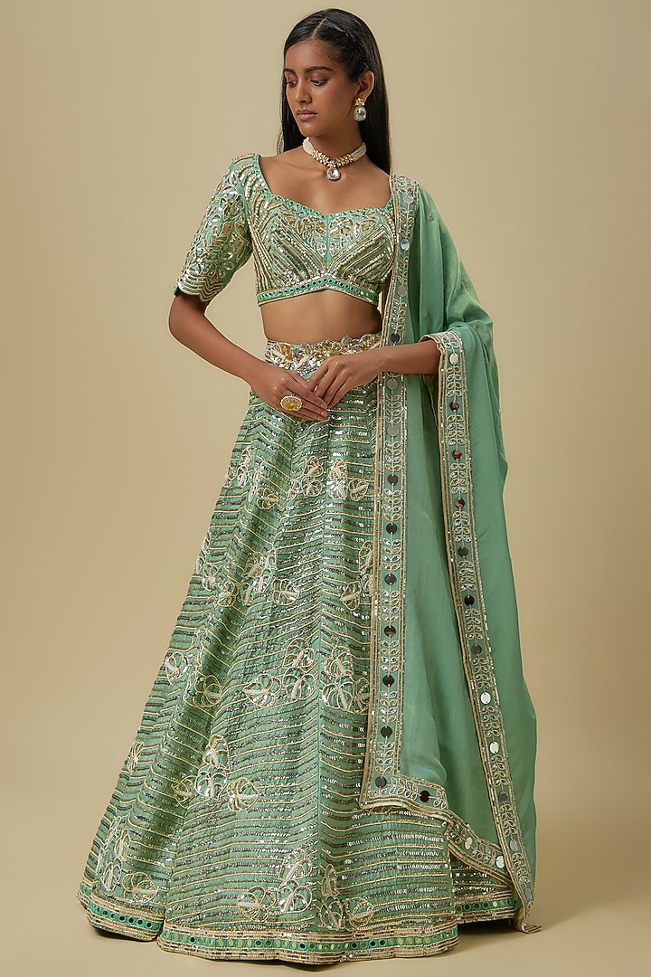 Sea Green Hard Net & Japanese Silk Shantoon Bridal Lehenga Set by I AM DESIGN at Pernia's Pop Up Shop