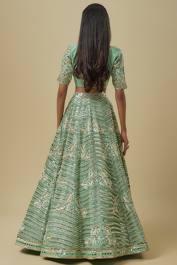 Sea Green Hard Net & Japanese Silk Shantoon Bridal Lehenga Set by I AM DESIGN at Pernia's Pop Up Shop