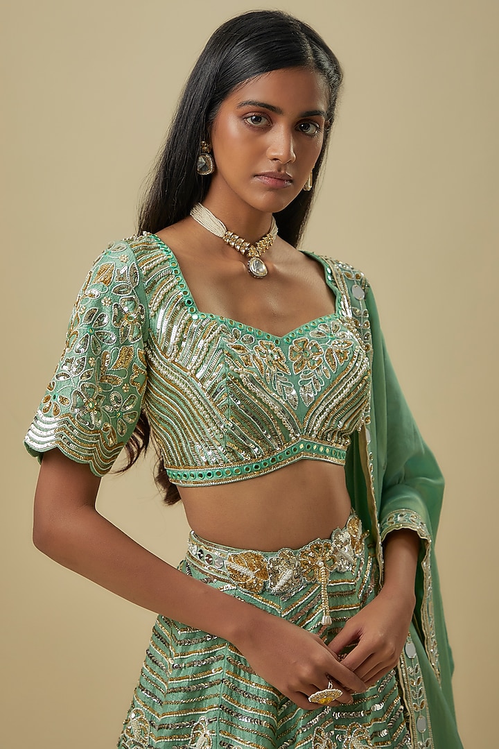 Sea Green Hard Net & Japanese Silk Shantoon Bridal Lehenga Set by I AM DESIGN at Pernia's Pop Up Shop