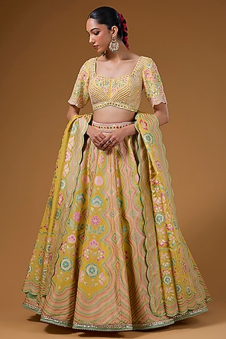 Mustard Silk Zari Blend Floral Hand Printed Lehenga Set by I Am Design