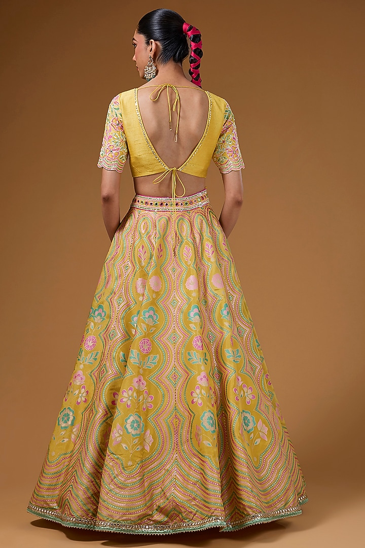 Mustard Silk Zari Blend Floral Hand Printed Wedding Lehenga Set by I Am Design at Pernia's Pop Up Shop