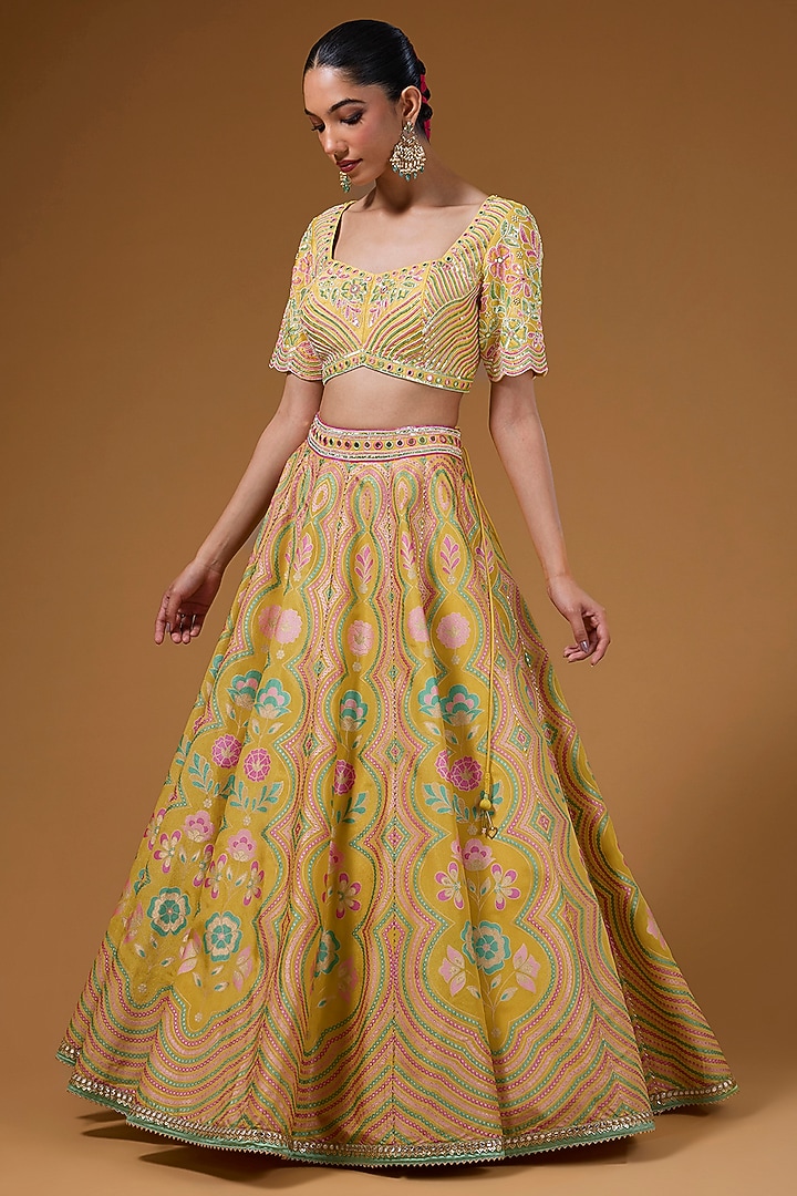 Mustard Silk Zari Blend Floral Hand Printed Wedding Lehenga Set by I Am Design at Pernia's Pop Up Shop
