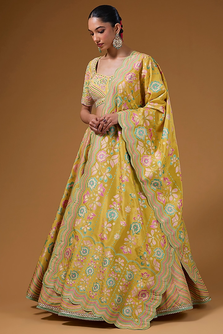 Mustard Silk Zari Blend Floral Hand Printed Wedding Lehenga Set by I Am Design at Pernia's Pop Up Shop