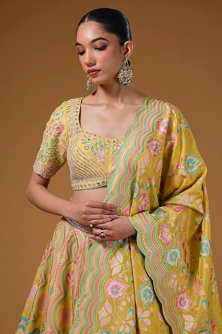 Mustard Silk Zari Blend Floral Hand Printed Wedding Lehenga Set by I Am Design at Pernia's Pop Up Shop