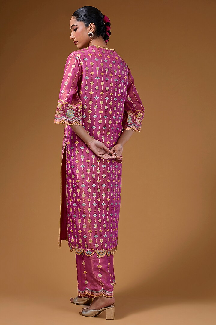 Hot Pink Silk Zari Blend Hand Printed Kurta Set by I AM DESIGN at Pernia's Pop Up Shop