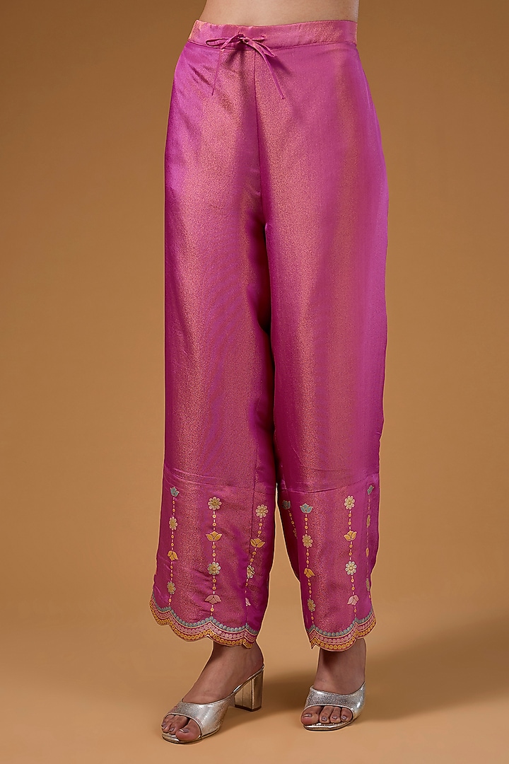 Hot Pink Silk Zari Blend Hand Printed Kurta Set by I AM DESIGN at Pernia's Pop Up Shop