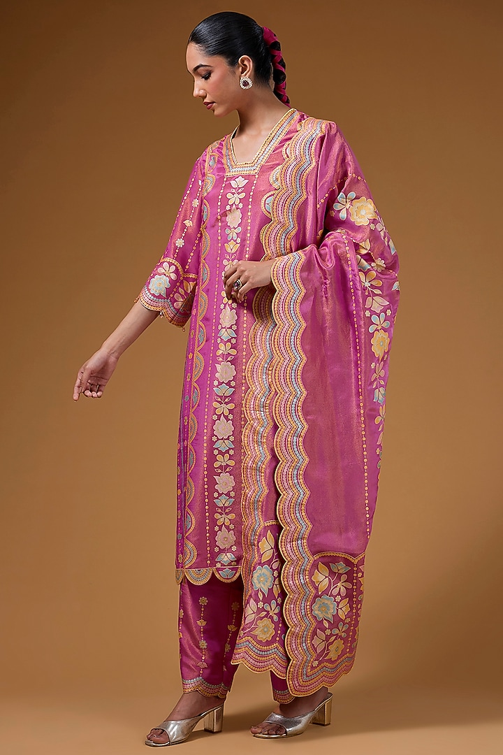 Hot Pink Silk Zari Blend Hand Printed Kurta Set by I AM DESIGN at Pernia's Pop Up Shop