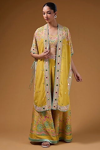 Mustard Silk Zari Blend Hand Embroidered Cape Set by I AM DESIGN