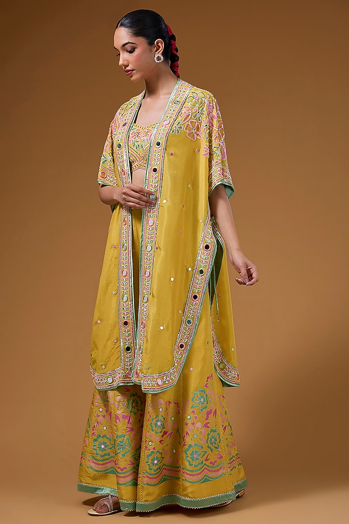 Mustard Silk Zari Blend Hand Embroidered Cape Set by I AM DESIGN at Pernia's Pop Up Shop