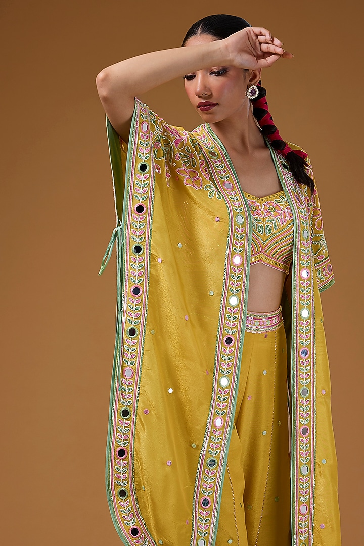 Mustard Silk Zari Blend Hand Embroidered Cape Set by I AM DESIGN at Pernia's Pop Up Shop