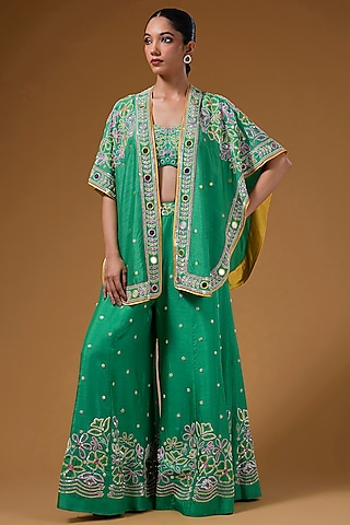 Green Silk Zari Blend Hand Embroidered Cape Set by I AM DESIGN