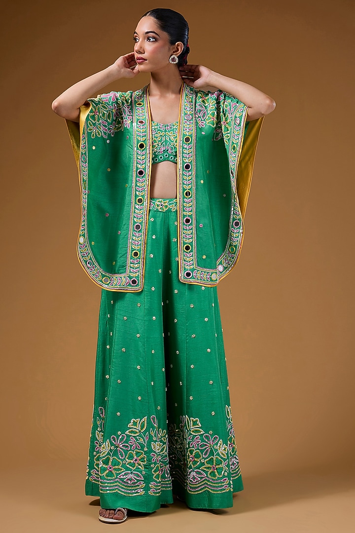 Green Silk Zari Blend Hand Embroidered Cape Set by I AM DESIGN at Pernia's Pop Up Shop