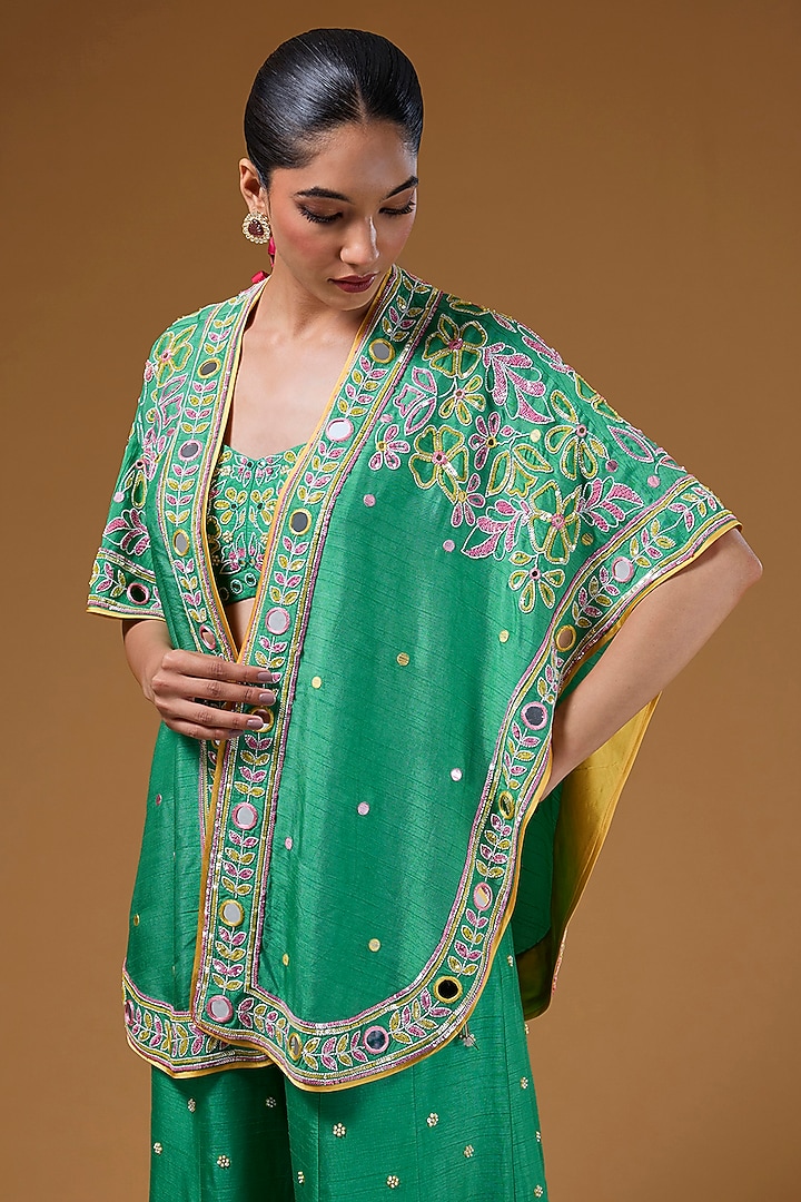 Green Silk Zari Blend Hand Embroidered Cape Set by I AM DESIGN at Pernia's Pop Up Shop