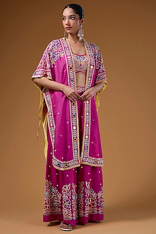 Hot Pink Silk Zari Blend Hand Embroidered Cape Set by I AM DESIGN
