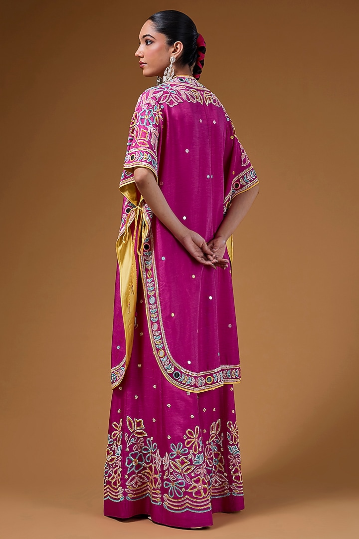 Hot Pink Silk Zari Blend Hand Embroidered Cape Set by I AM DESIGN at Pernia's Pop Up Shop