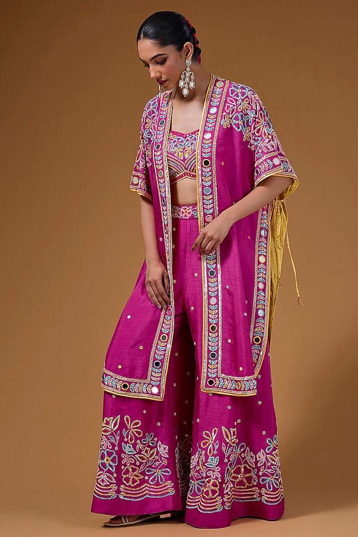 Hot Pink Silk Zari Blend Hand Embroidered Cape Set by I AM DESIGN at Pernia's Pop Up Shop
