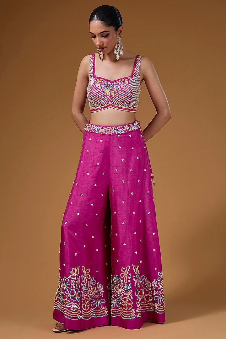 Hot Pink Silk Zari Blend Hand Embroidered Cape Set by I AM DESIGN at Pernia's Pop Up Shop