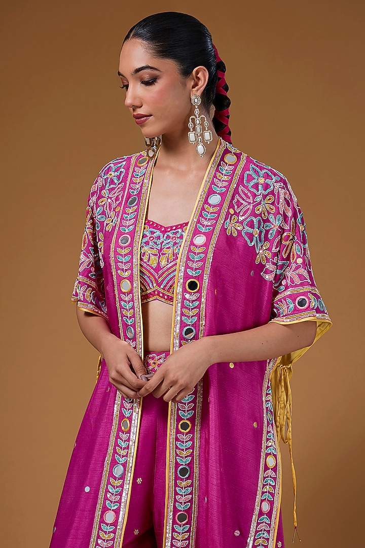 Hot Pink Silk Zari Blend Hand Embroidered Cape Set by I AM DESIGN at Pernia's Pop Up Shop
