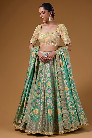 Green Silk Zari Blend Floral Hand Printed Lehenga Set by I AM DESIGN