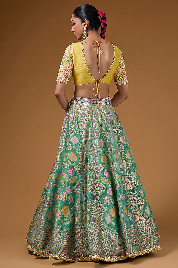 Green Silk Zari Blend Floral Hand Printed Wedding Lehenga Set by I AM DESIGN at Pernia's Pop Up Shop