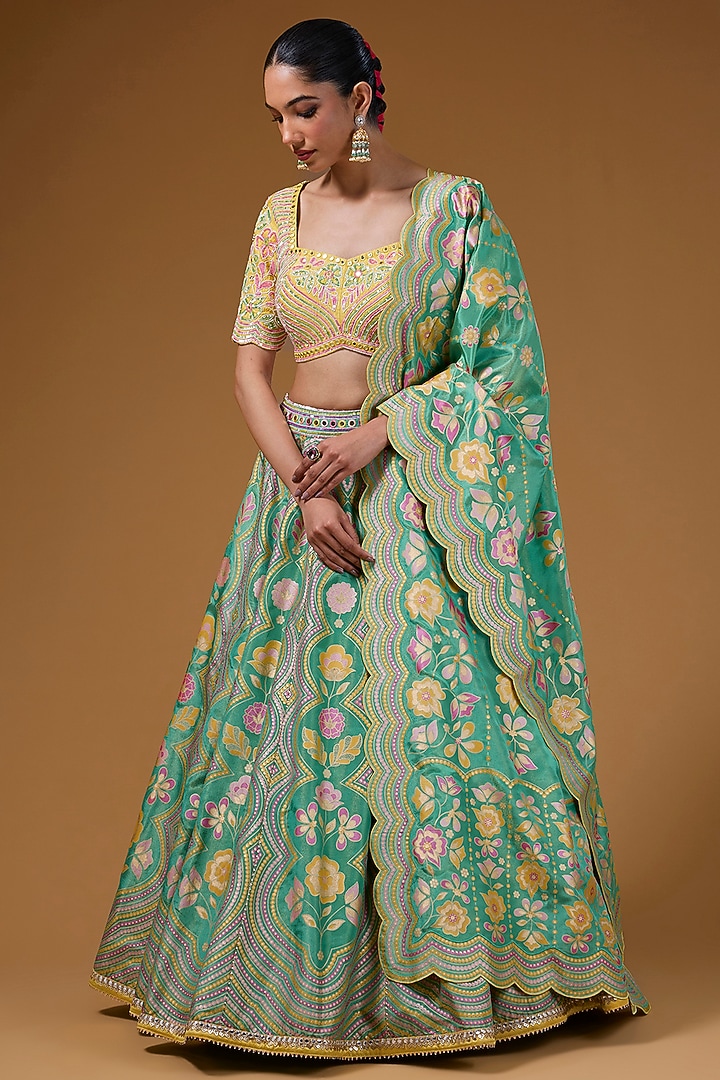 Green Silk Zari Blend Floral Hand Printed Wedding Lehenga Set by I AM DESIGN at Pernia's Pop Up Shop