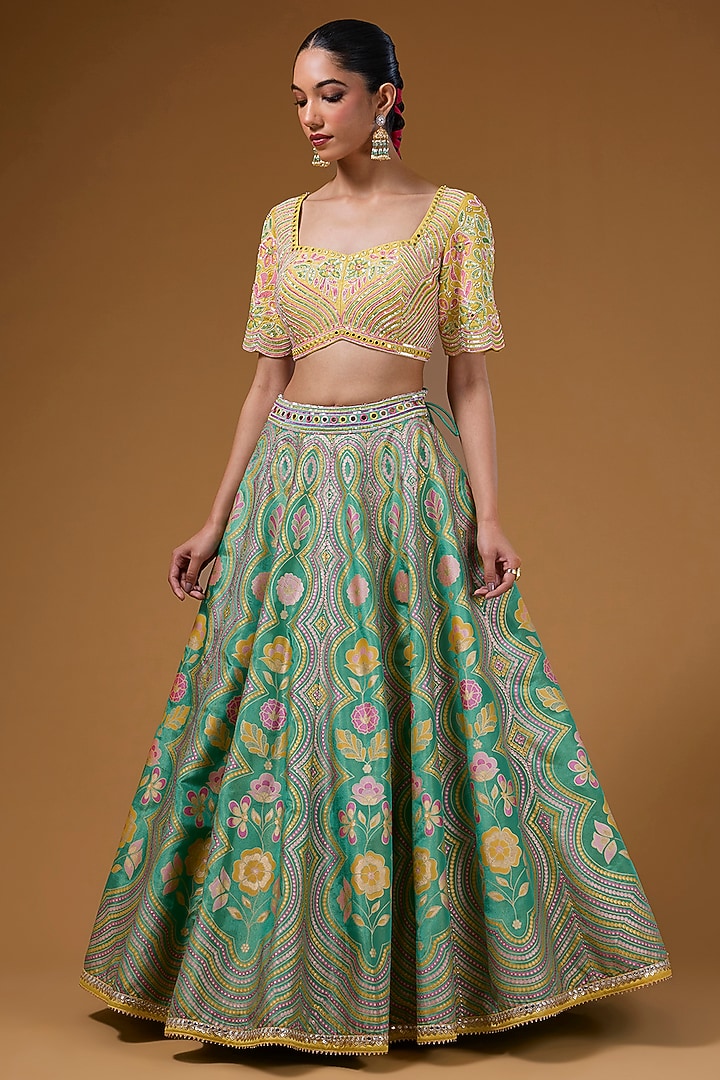 Green Silk Zari Blend Floral Hand Printed Wedding Lehenga Set by I AM DESIGN at Pernia's Pop Up Shop