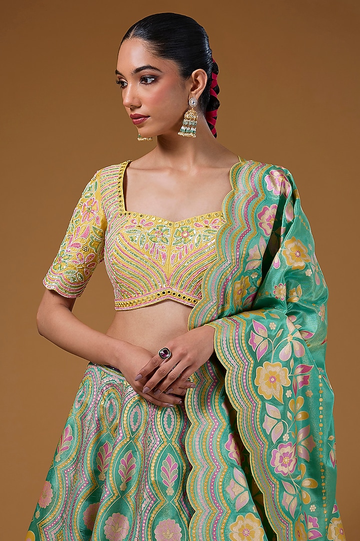 Green Silk Zari Blend Floral Hand Printed Wedding Lehenga Set by I AM DESIGN at Pernia's Pop Up Shop