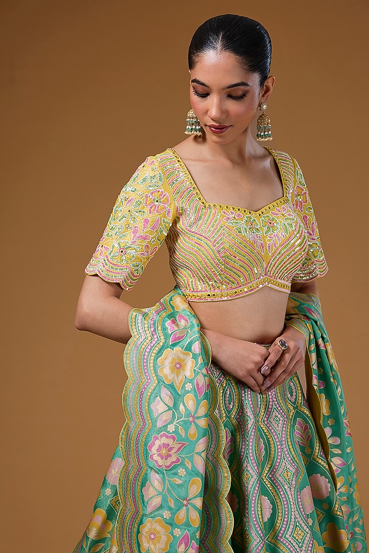 Green Silk Zari Blend Floral Hand Printed Wedding Lehenga Set by I AM DESIGN at Pernia's Pop Up Shop