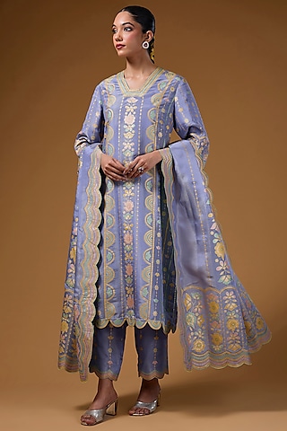 Mauve Silk Zari Blend Hand Printed Kurta Set by I AM DESIGN