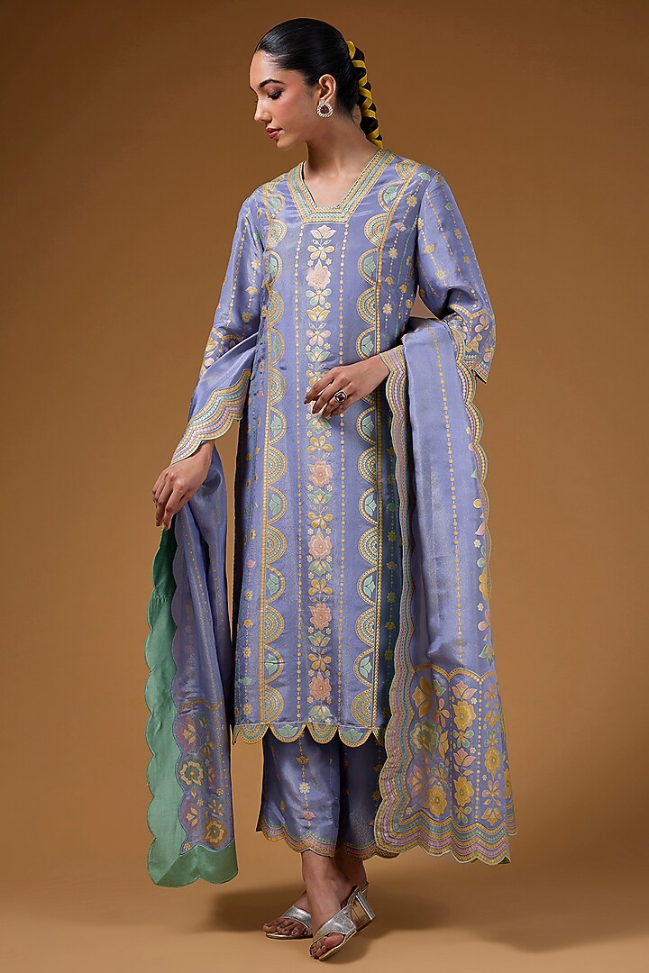 Mauve Silk Zari Blend Hand Printed Kurta Set by I AM DESIGN at Pernia's Pop Up Shop