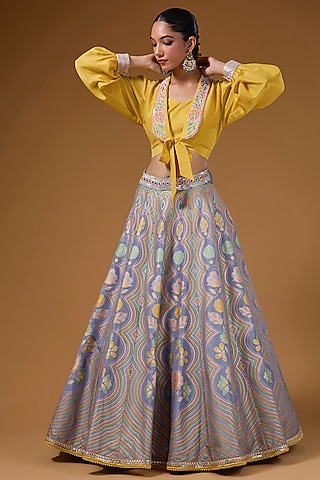 Mauve Silk Zari Blend Floral Hand Printed Lehenga Set by I AM DESIGN