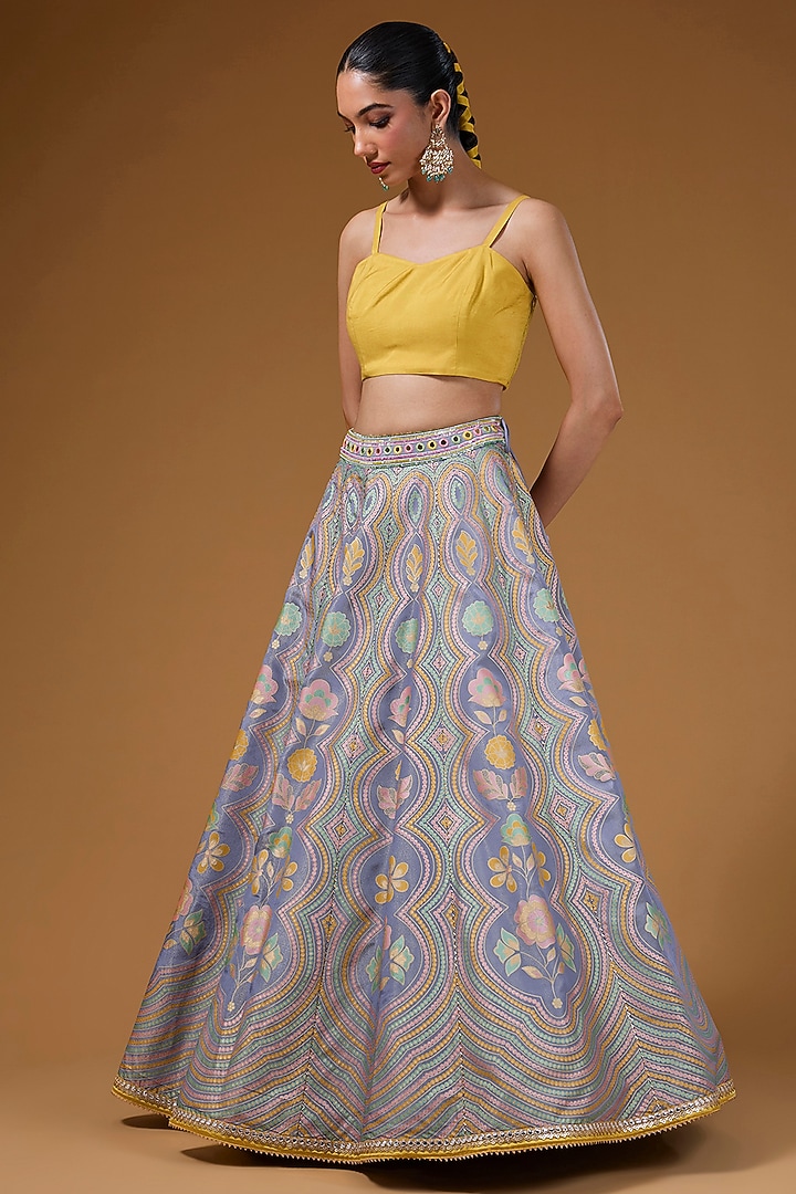 Mauve Silk Zari Blend Floral Hand Printed Wedding Lehenga Set by I AM DESIGN at Pernia's Pop Up Shop