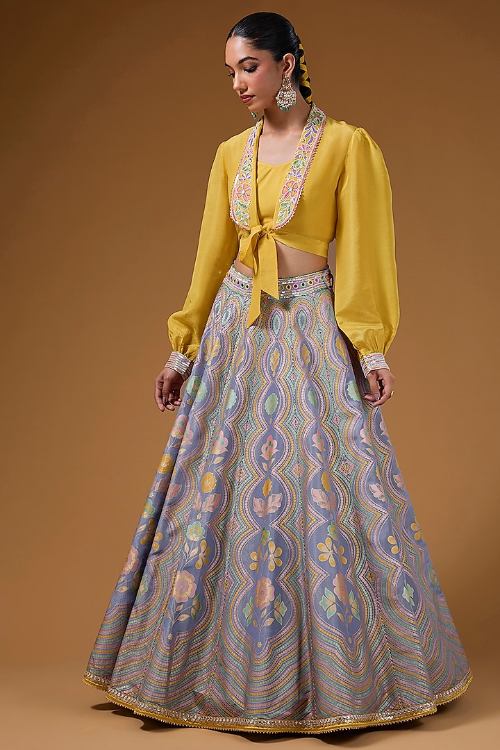 Mauve Silk Zari Blend Floral Hand Printed Wedding Lehenga Set by I AM DESIGN at Pernia's Pop Up Shop