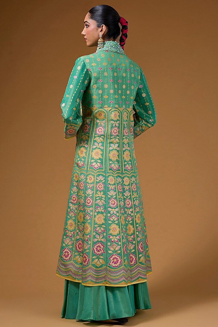 Green Silk Zari Blend Hand Printed Jacket Set by I AM DESIGN at Pernia's Pop Up Shop