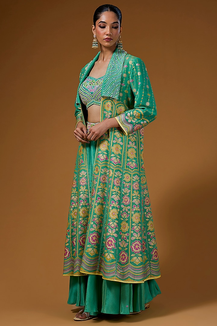 Green Silk Zari Blend Hand Printed Jacket Set by I AM DESIGN at Pernia's Pop Up Shop