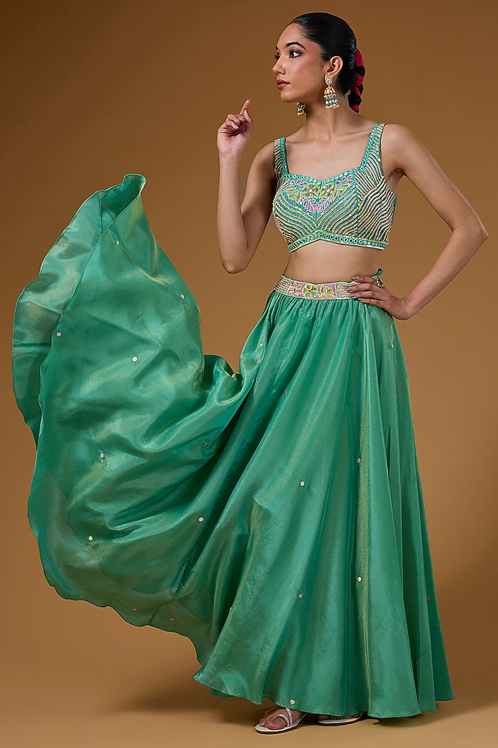 Green Silk Zari Blend Hand Printed Jacket Set by I AM DESIGN at Pernia's Pop Up Shop