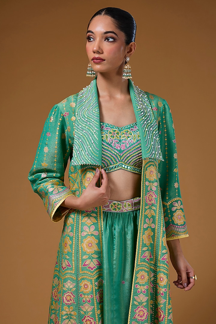 Green Silk Zari Blend Hand Printed Jacket Set by I AM DESIGN at Pernia's Pop Up Shop