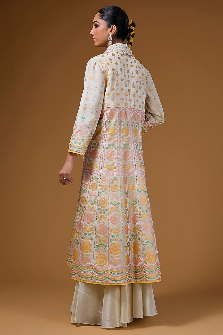 Ivory Silk Zari Blend Hand Printed Jacket Set by I AM DESIGN at Pernia's Pop Up Shop