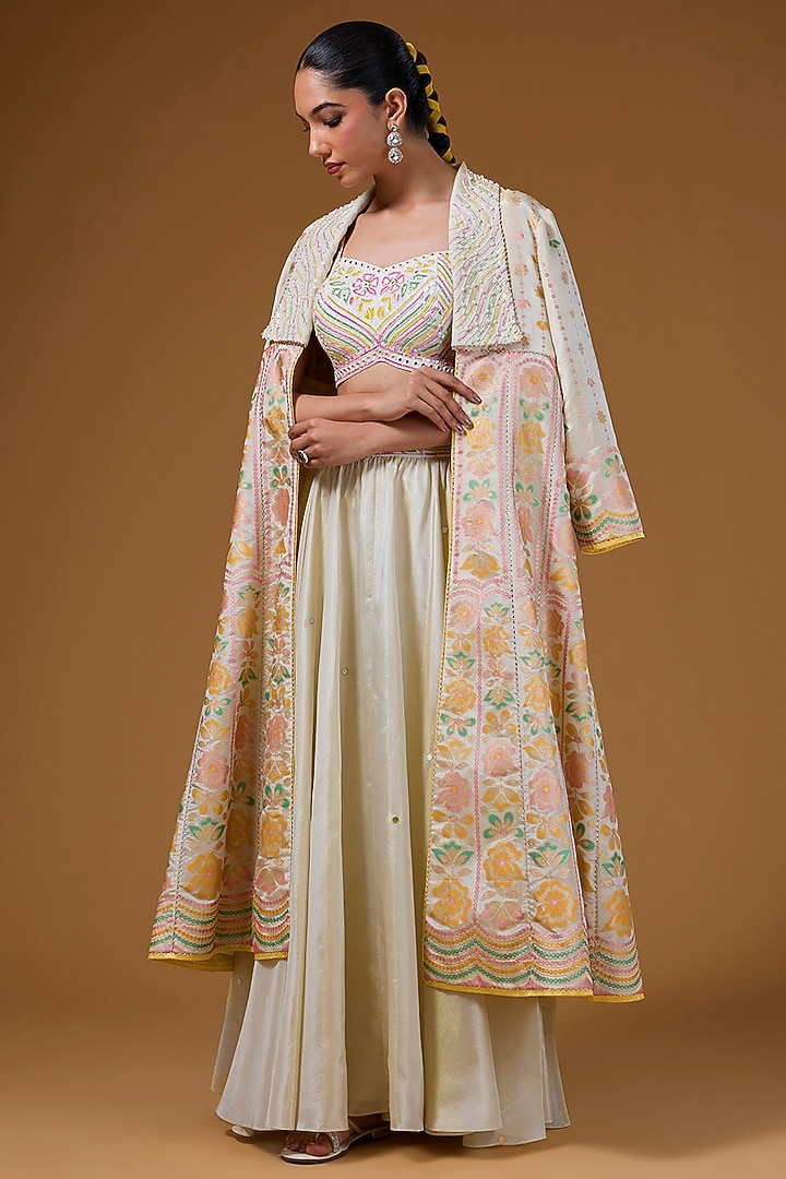 Ivory Silk Zari Blend Hand Printed Jacket Set by I AM DESIGN at Pernia's Pop Up Shop