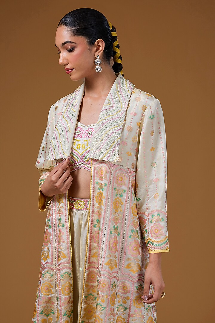 Ivory Silk Zari Blend Hand Printed Jacket Set by I AM DESIGN at Pernia's Pop Up Shop