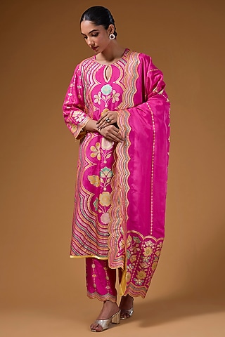 Hot Pink Silk Zari Blend Hand Printed Kurta Set by I AM DESIGN