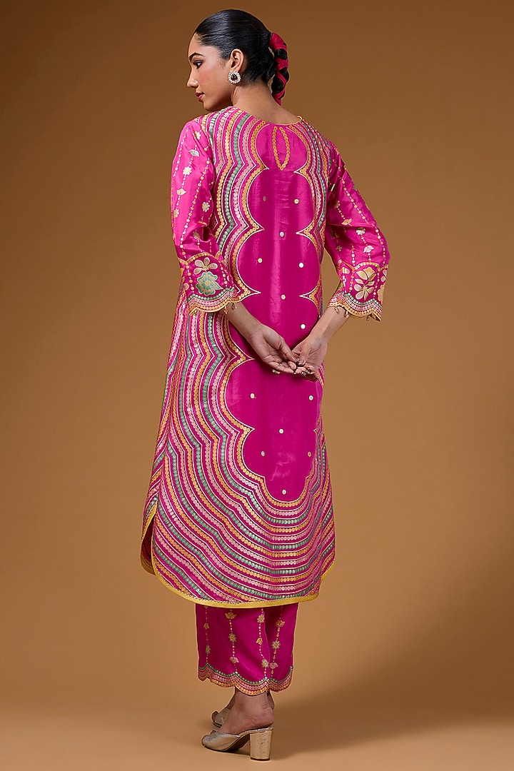 Hot Pink Silk Zari Blend Hand Printed Kurta Set by I AM DESIGN at Pernia's Pop Up Shop
